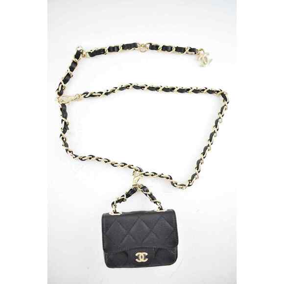 Chanel 21B Black Caviar Mini Chain Classic Gold Card Belt Waist Necklace Bag - Picture 5 of 12